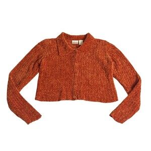 Vintage 90s Y2K Newport News Cardigan Sweater‎ XS Orange Chenille Crop Oversized